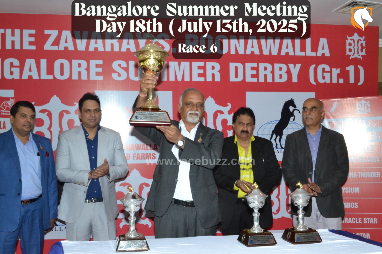 Fynbos, guided by jockey P. Trevor, charges ahead of Prokofiev and Miracle Star in a thrilling finish to win the Zavaray S. Poonawalla Bangalore Summer Derby at Bangalore Turf Club.