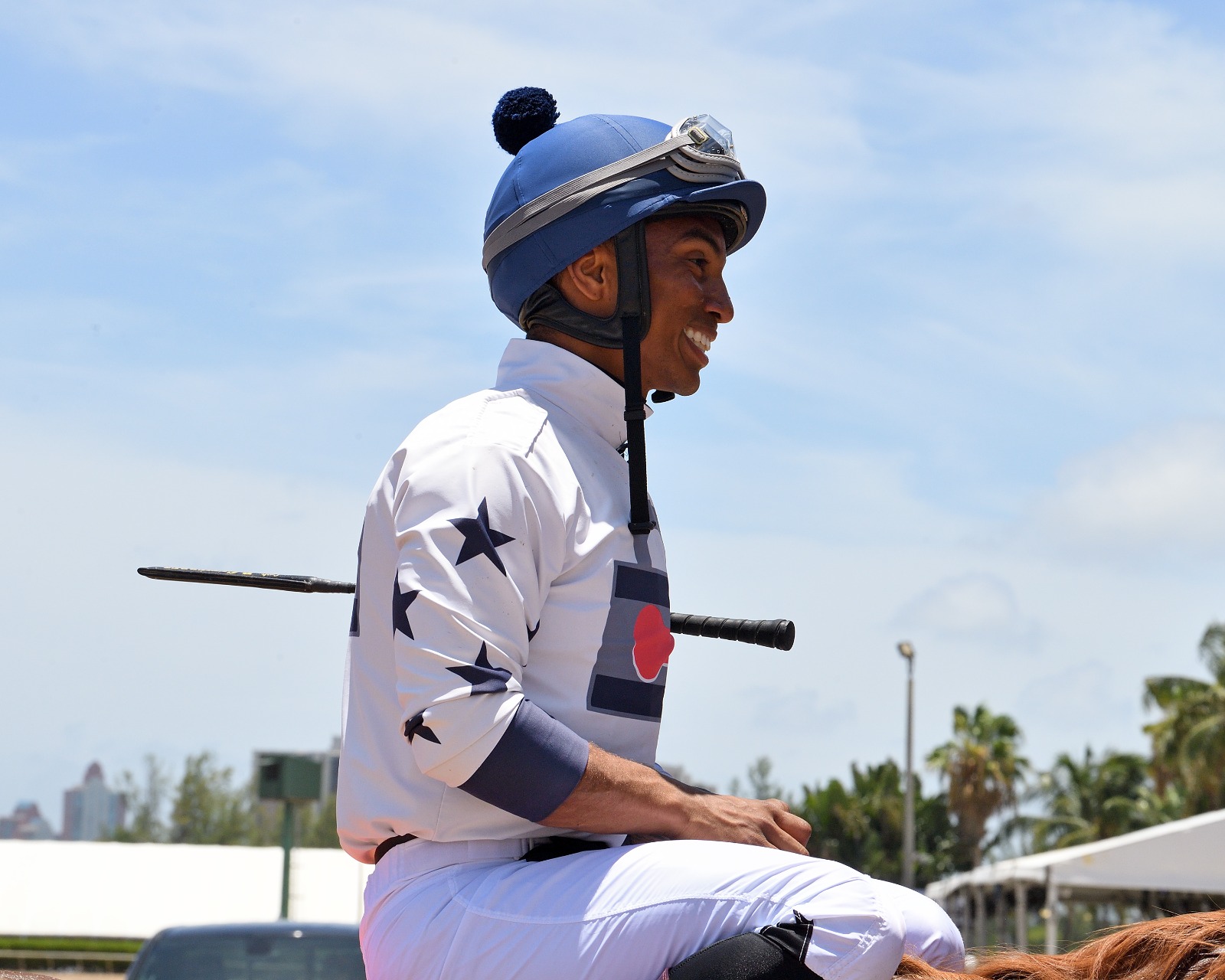 Reylu Gutierrez celebrates aboard Losecontrol after a successful comeback win at Gulfstream Park on July 18, 2025