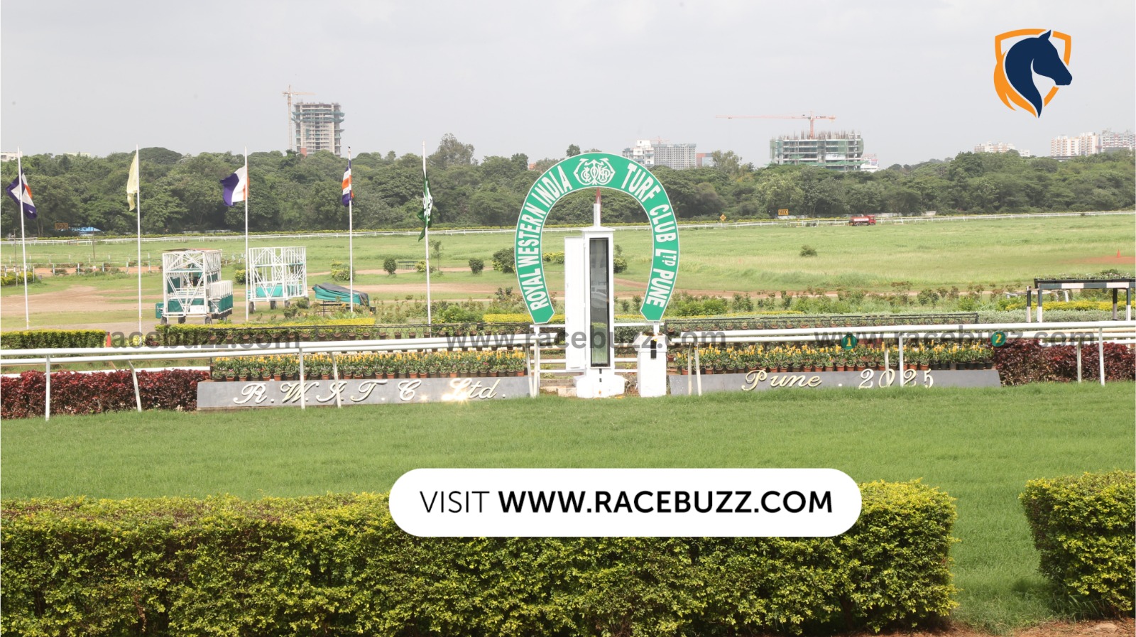 Pune Racecourse banners promoting the JSK1 Gaming Trophy and Lucky Draw Contest on July 25, 2025, with racegoers in attendance