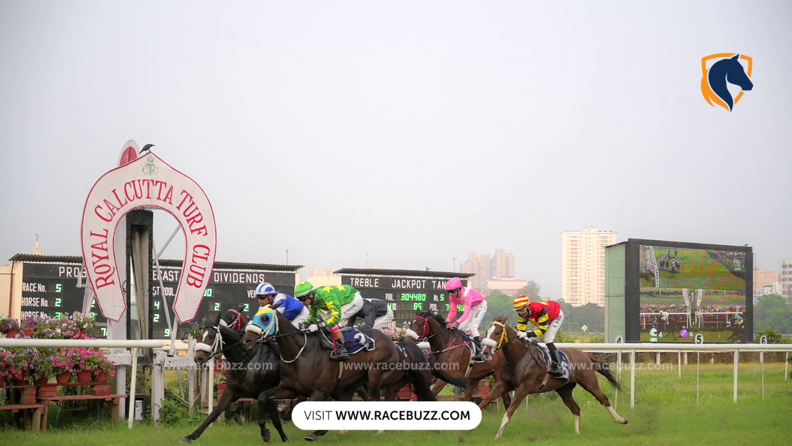 Horses charge down the straight at the Royal Calcutta Turf Club during the Monsoon Meeting on August 13