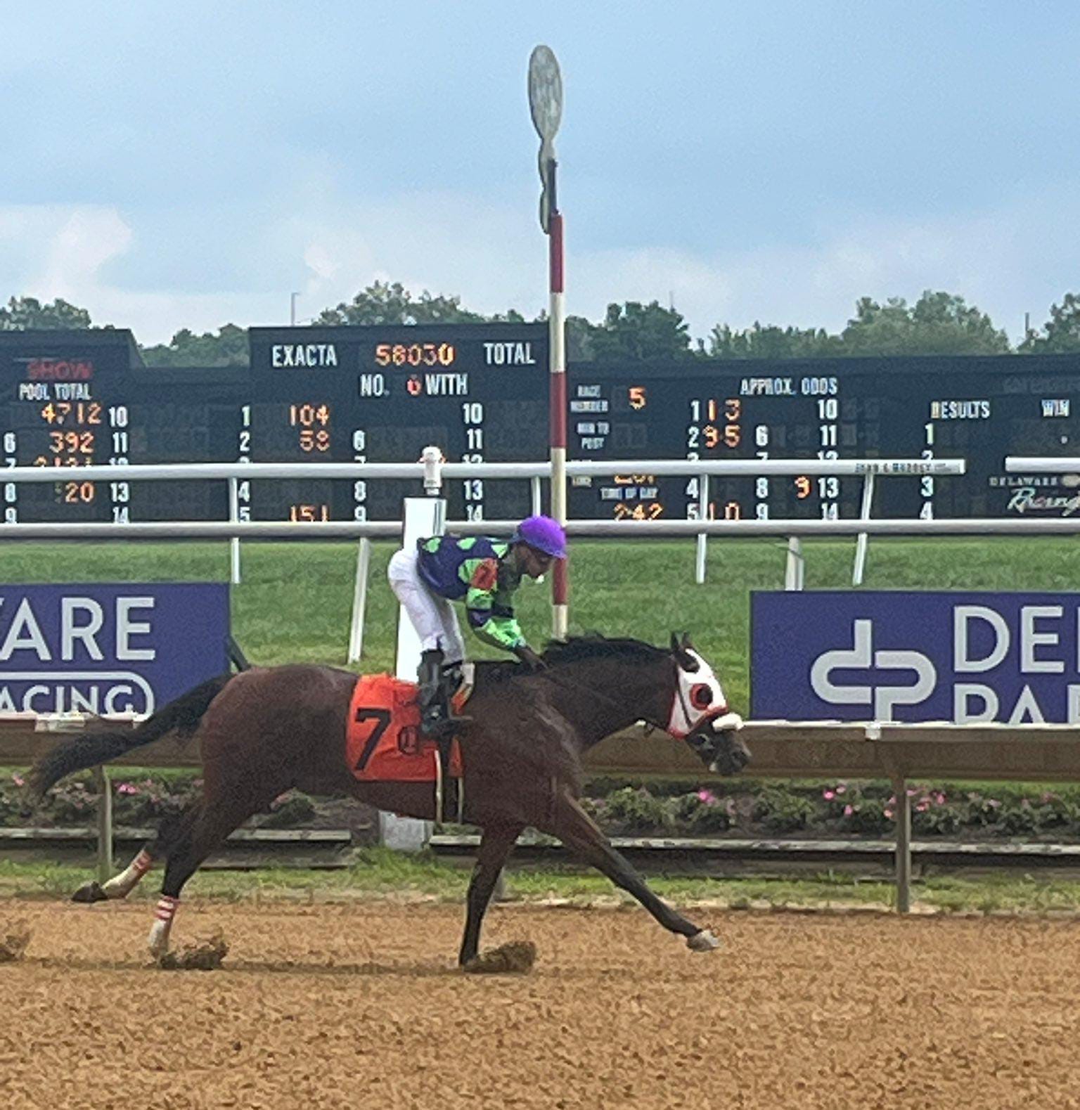 Sacred Thunder winning the final race at Delaware Park on August 27, 2025