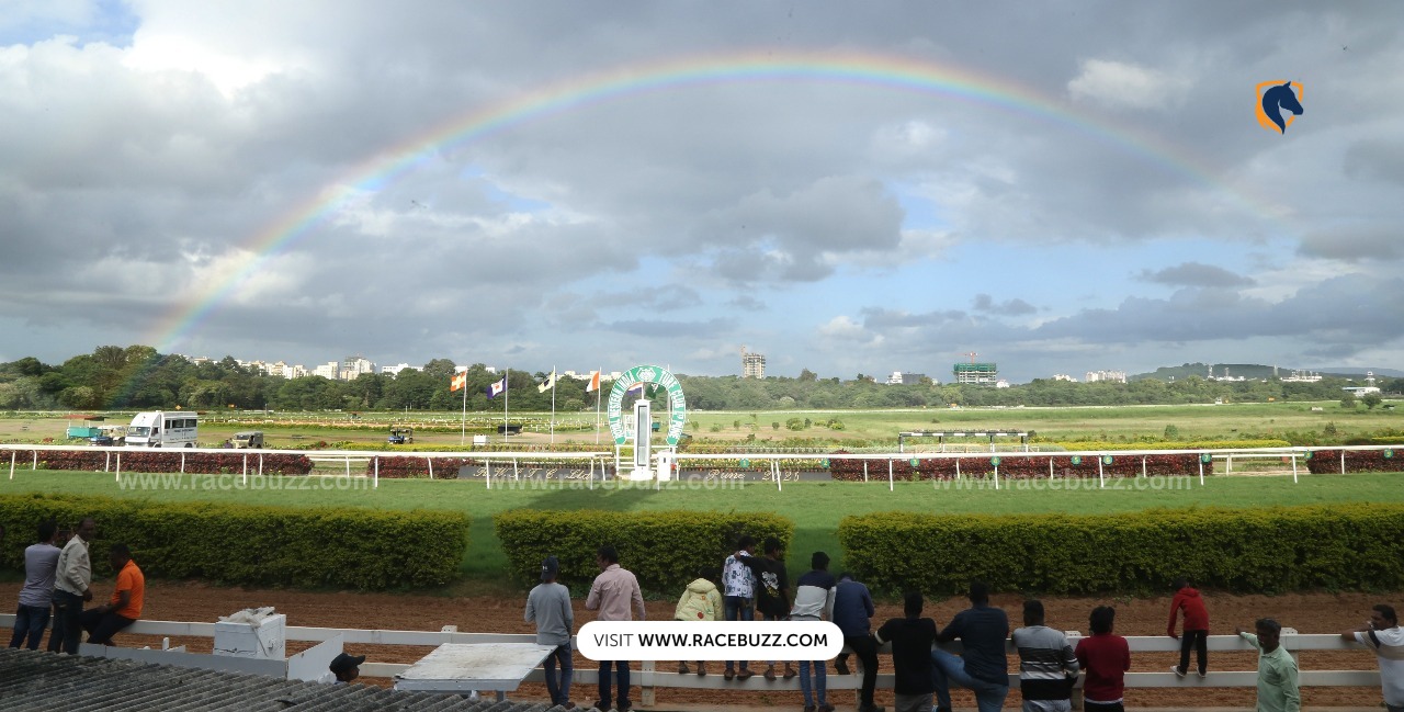 Horses and jockeys parading before races at Pune Racecourse during the Sunday Pune Meeting