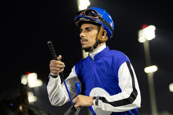 Champion jockey Adel Alfouraidi rides Alsultan Seven during the JCSA Contribution races at King Khalid Racecourse.