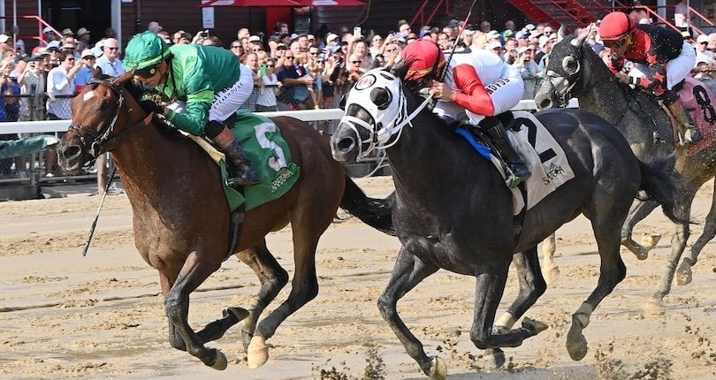 Horses breaking from the gate in the Smart And Fancy Stakes at Saratoga Racecourse