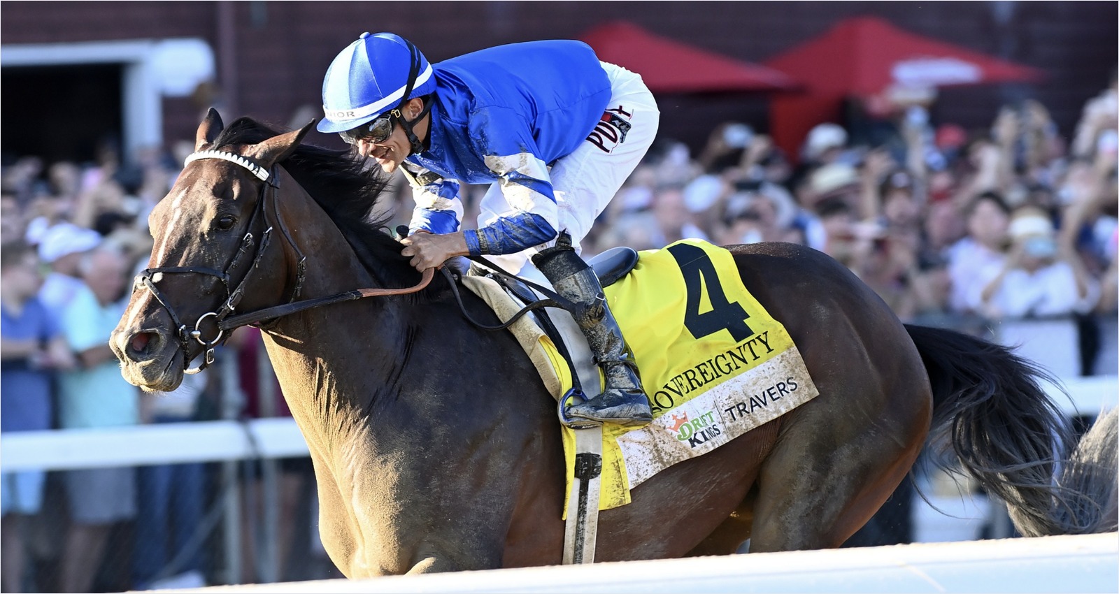 Sovereignty winning the Travers Stakes 2025 at Saratoga with Junior Alvarado up