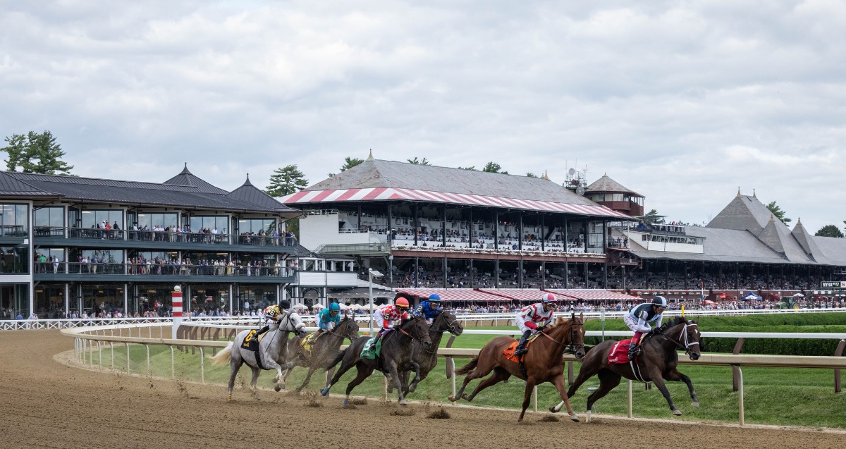 Horses racing at Saratoga Racecourse during the August 24, 2025 card