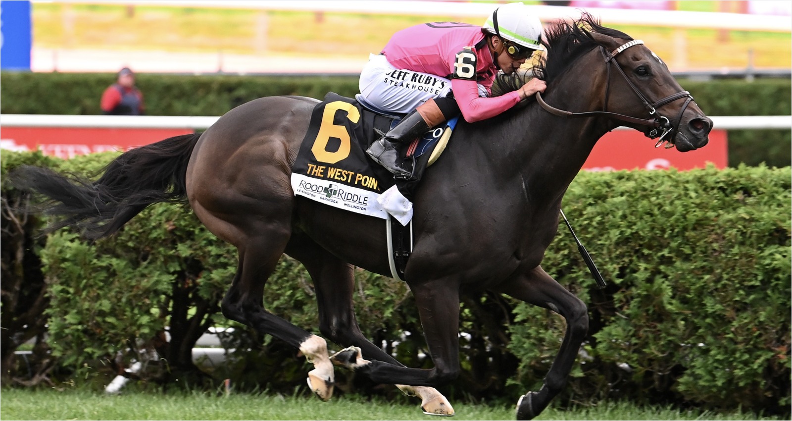 Rhetorical winning the West Point Stakes at Saratoga Racecourse 2025