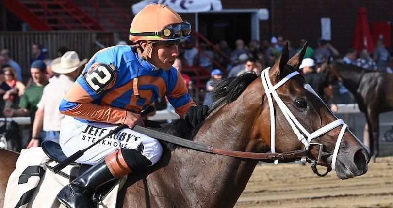 Jimmy P crossing the finish line at Saratoga Racecourse on August 27th, 2025