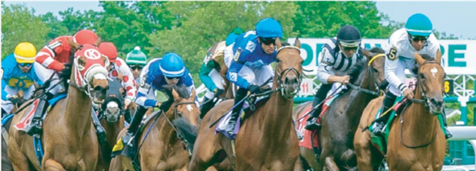 Delaware Park racetrack with horses and jockeys warming up before August 28 races