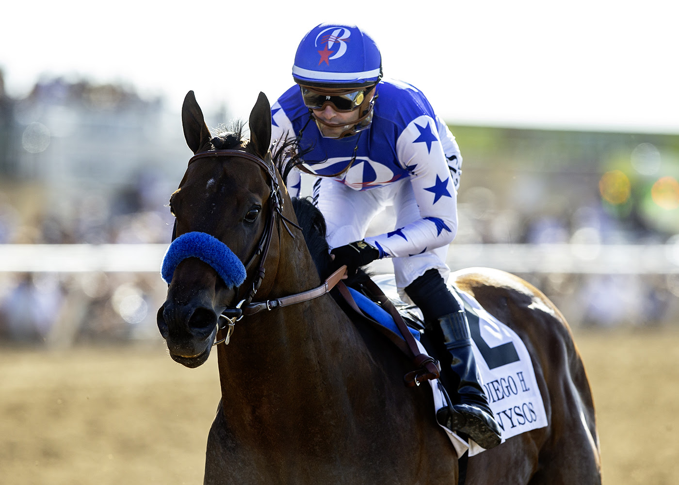Nysos with jockey Flavien Prat preparing for the G1 Pacific Classic at Del Mar