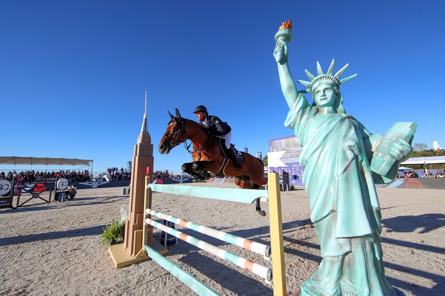 Riders and horses gather for Stage 12 of the LGCT Championship Race in New York