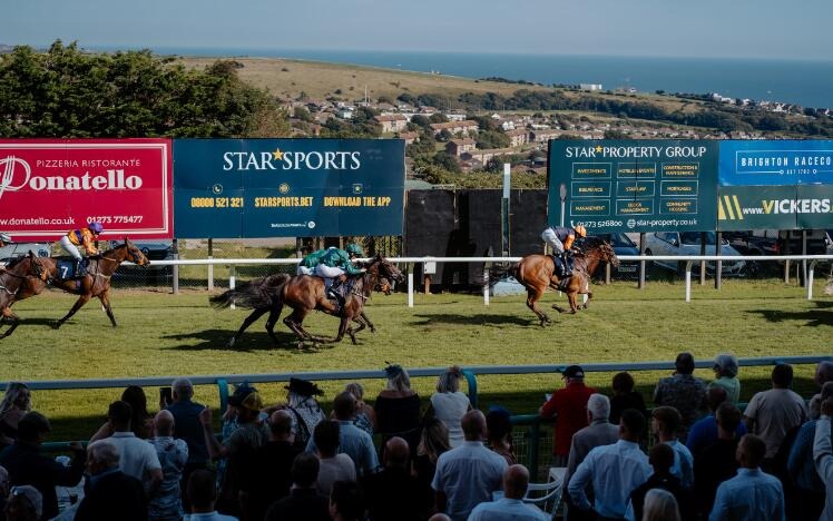 Horses and jockeys line up for the Autumn Afternoon Racing at Brighton Racecourse, September 1, 2025