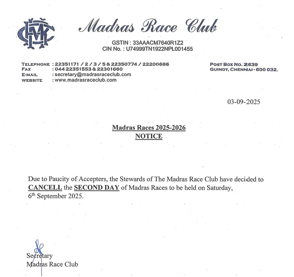 Madras Races September 6 Cancellation announcement by MRC