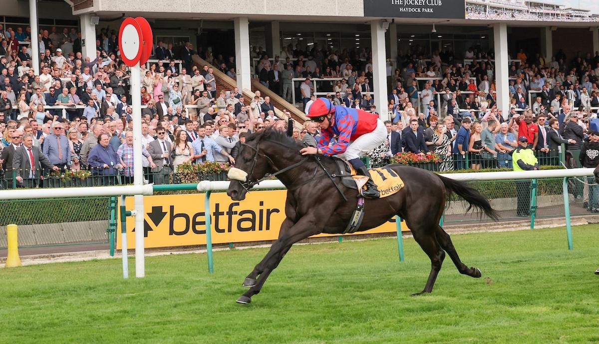 Big Mojo crossing the finish line to win the Betfair Sprint Cup at Haydock Park