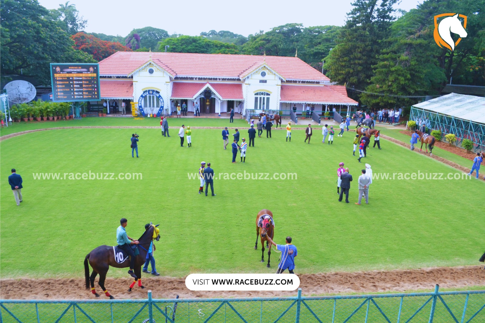 Horses and jockeys preparing for Mysore Monsoon Races 2025 at Mysore Race Club
