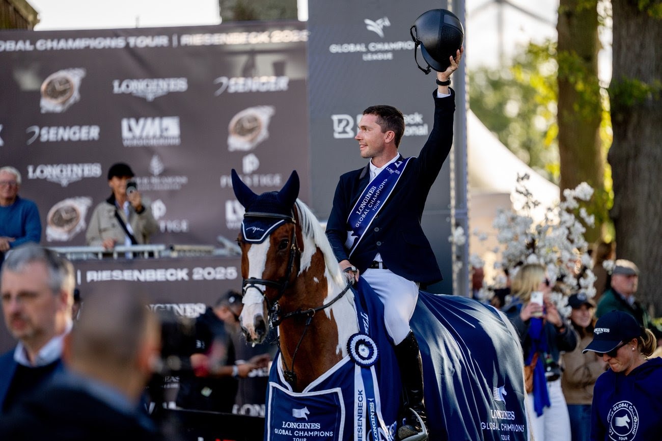 Gerit Nieberg celebrates winning the LGCT Grand Prix of Riesenbeck with Ping Pong van de Lentamel