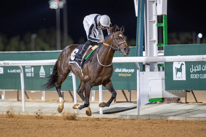 Tilal Al Khalediah with jockey Adel Alfouraidi ahead of the Prince Abdullah Al-Faisal Cup at King Khalid Racecourse