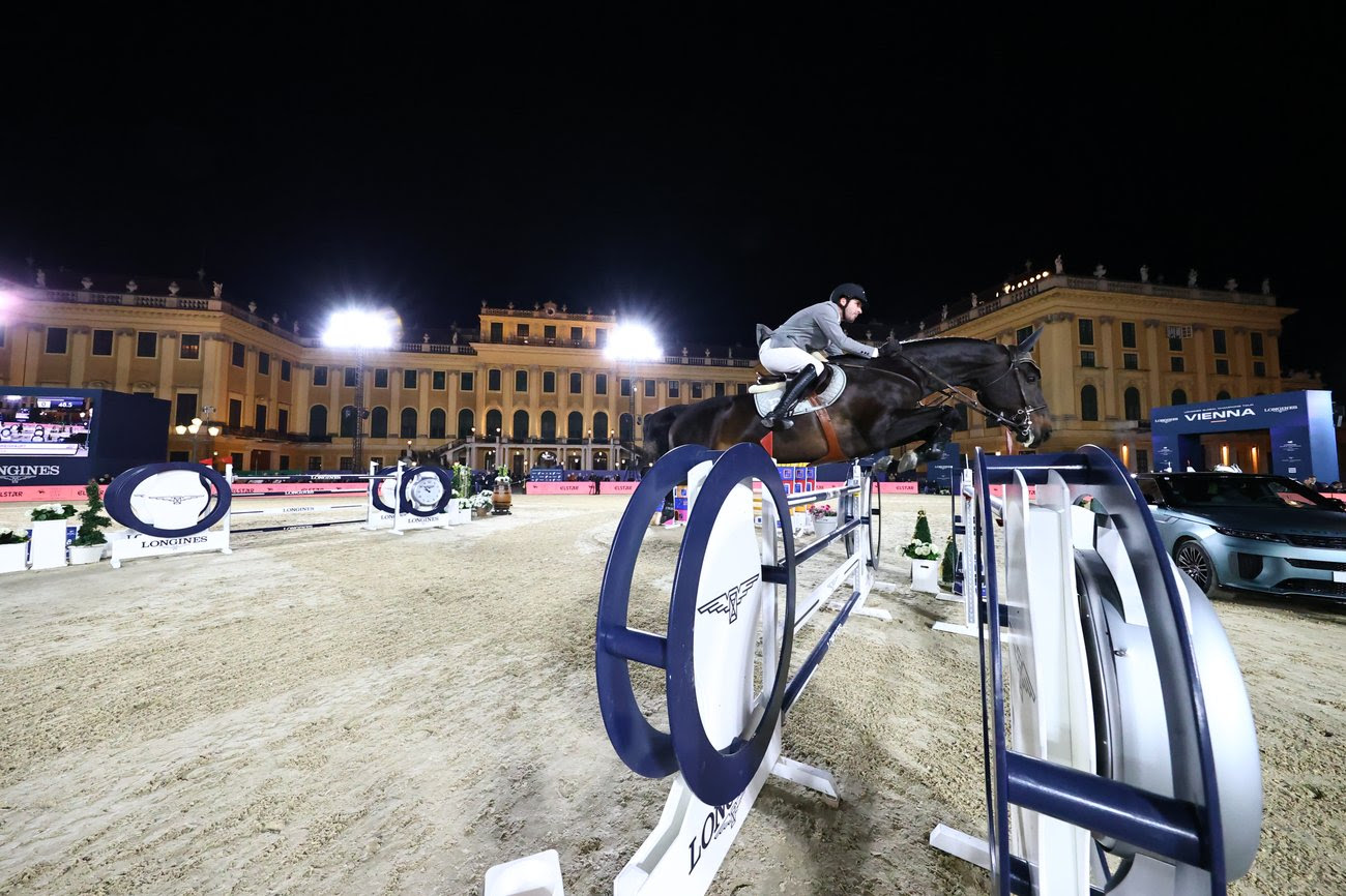 Philipp Weishaupt celebrates victory on Kilmister at the Longines Global Champions Tour Vienna Grand Prix