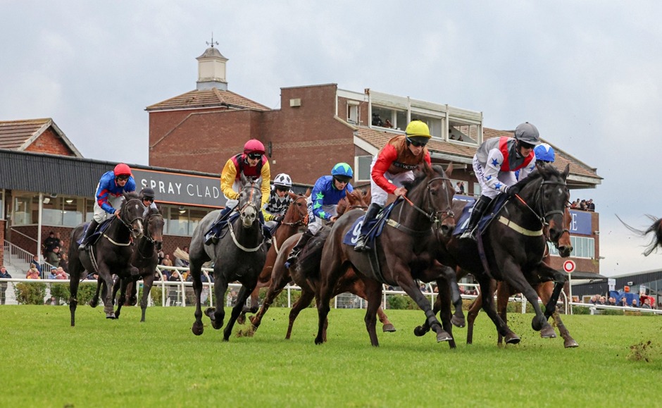 Sedgefield Racecourse autumn jumps meeting with horses and jockeys in action, September 2025