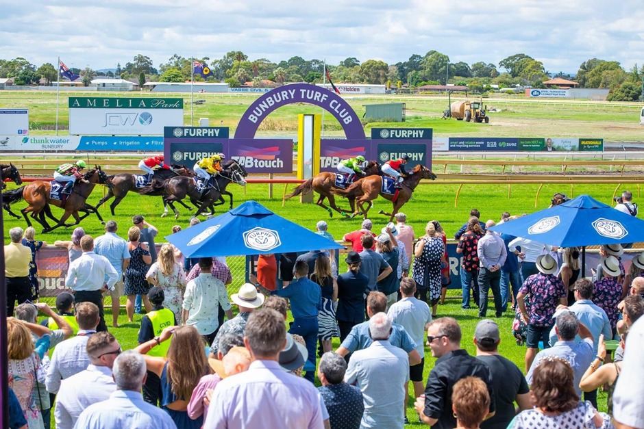 Horses racing at Bunbury Racecourse Family Fun Day 2025 in Western Australia