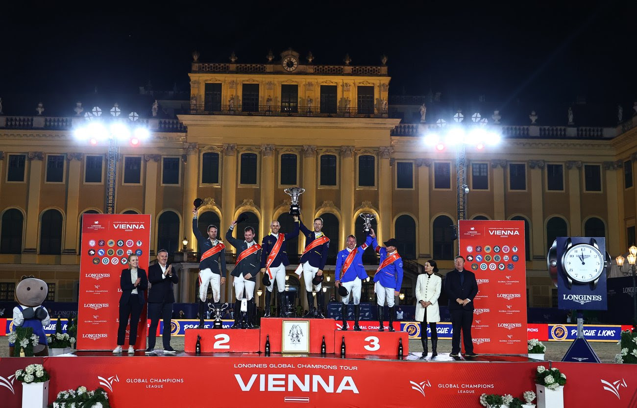 Prague Lions riders celebrate victory at GCL Vienna 2025 in front of Schönbrunn Palace