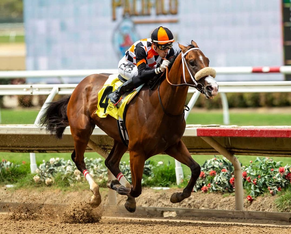 Horses racing at Santa Anita Park during the October 5, 2025 meeting in Arcadia, California