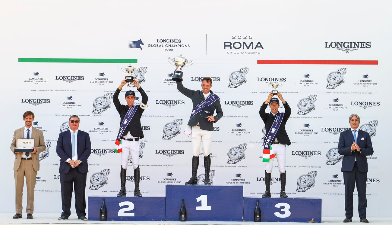 Harrie Smolders and Monaco winning the LGCT Grand Prix in Rome 2025 under golden sunlight