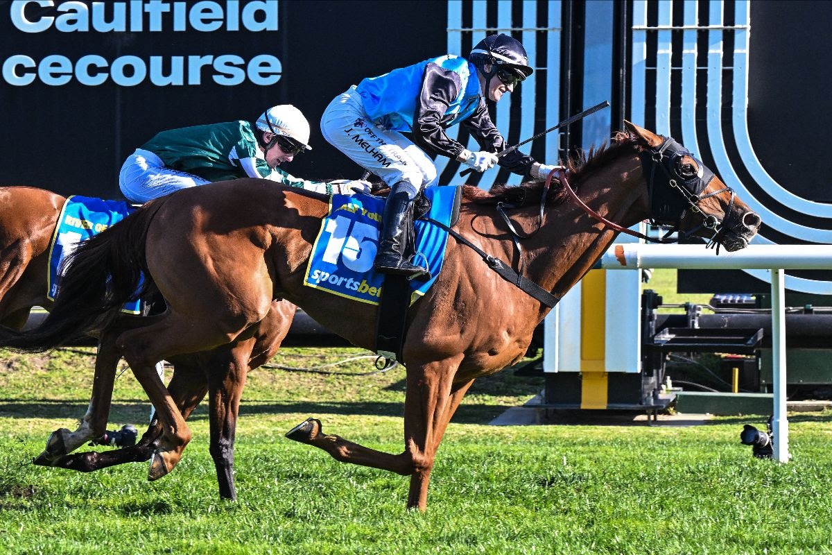 Half Yours crossing the finish line to win the Caulfield Cup