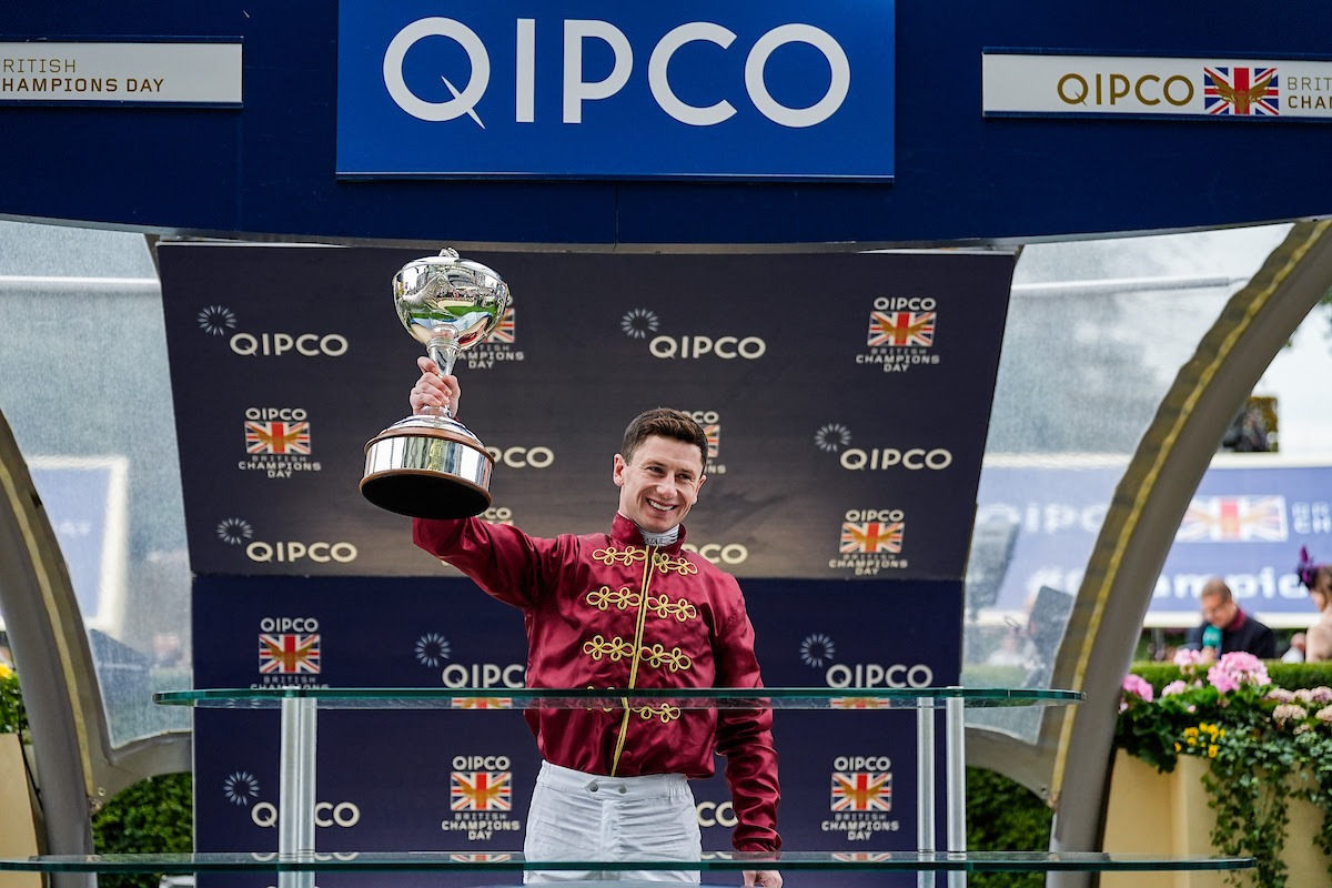 Oisin Murphy celebrating his fifth Champion Jockey title at Ascot