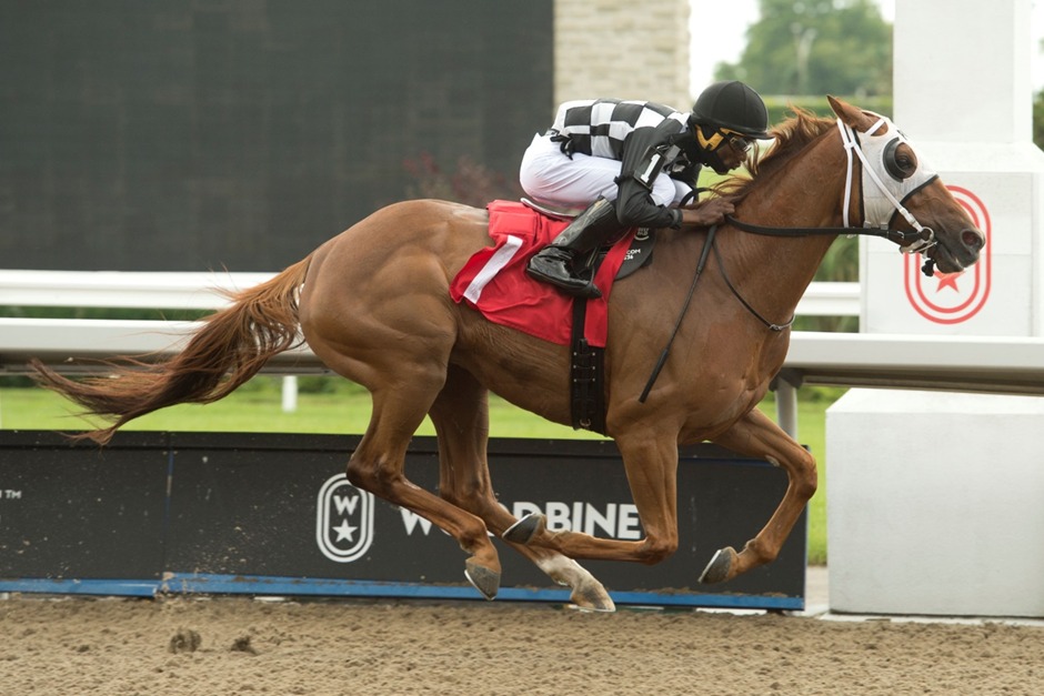 Jockeys competing at Woodbine Racecourse during the October 30, 2025, race day on the all-weather track.