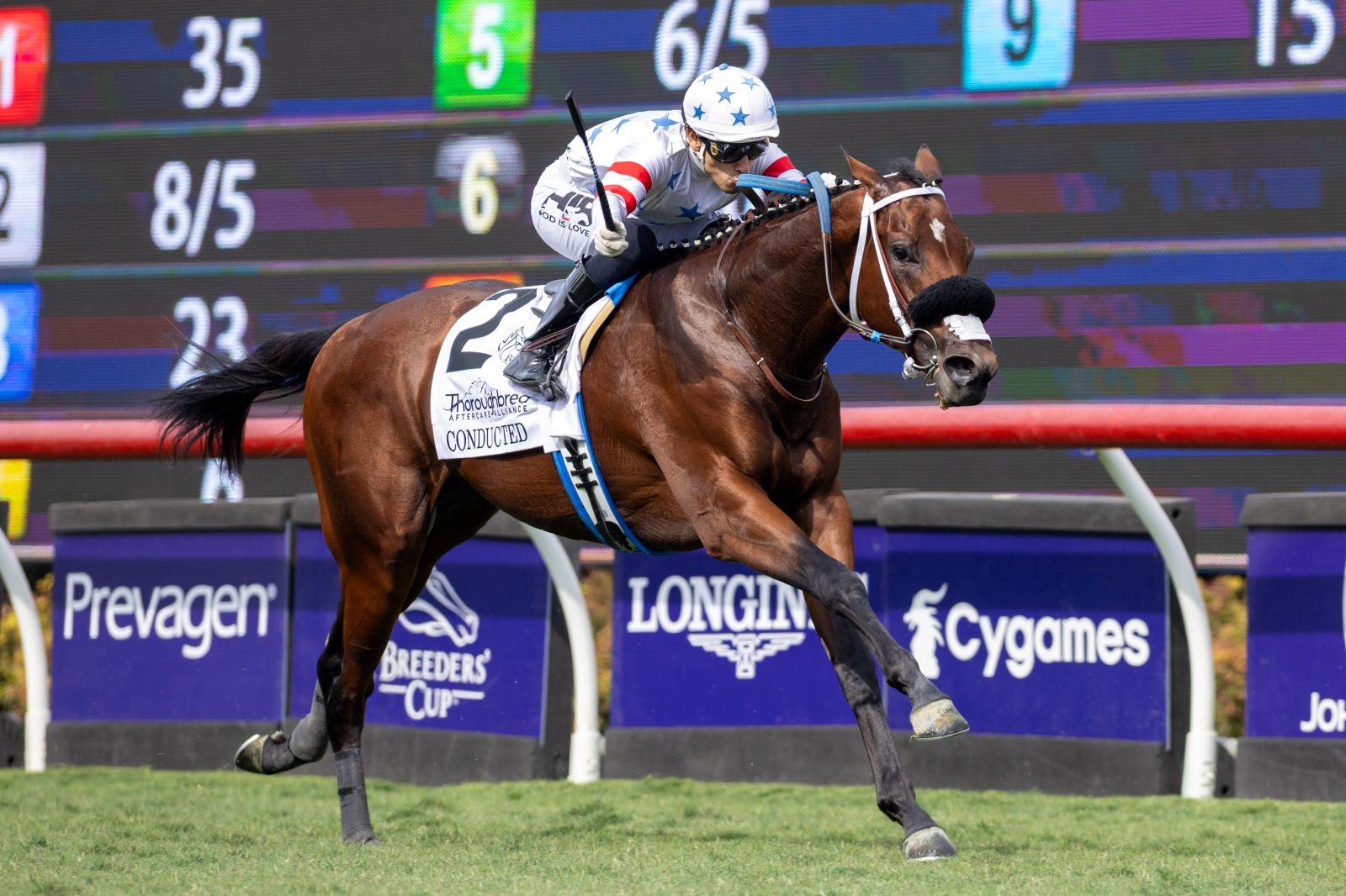 Conducted wins the Aftercare Alliance Stakes at Del Mar under Hector Berrios.