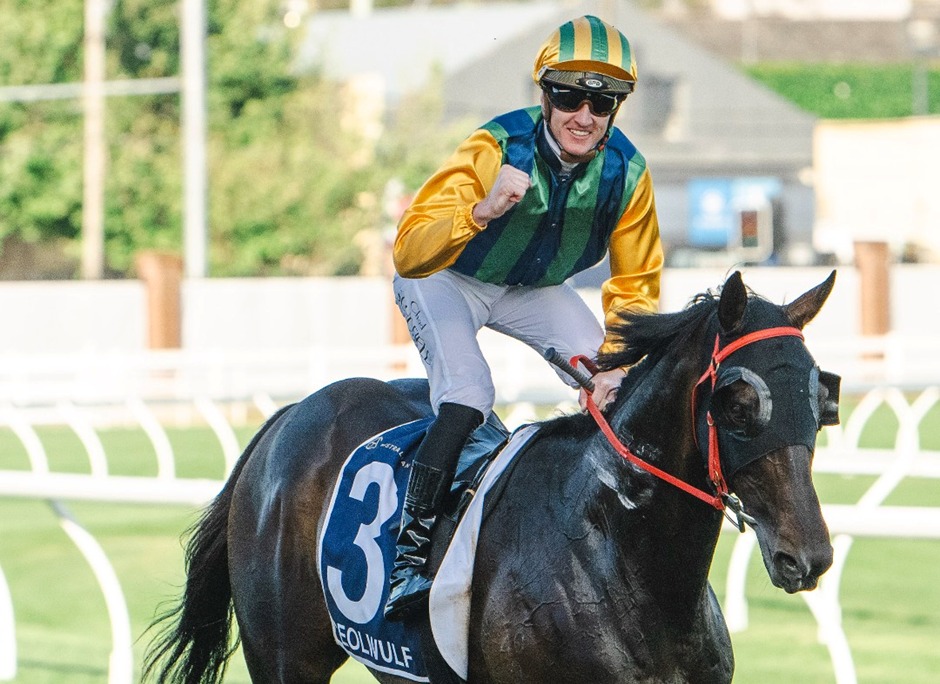 Z T Lloyd celebrates victory at Rosehill Gardens during the Inglis Xtra Bonus Handicap on November 12, 2025.