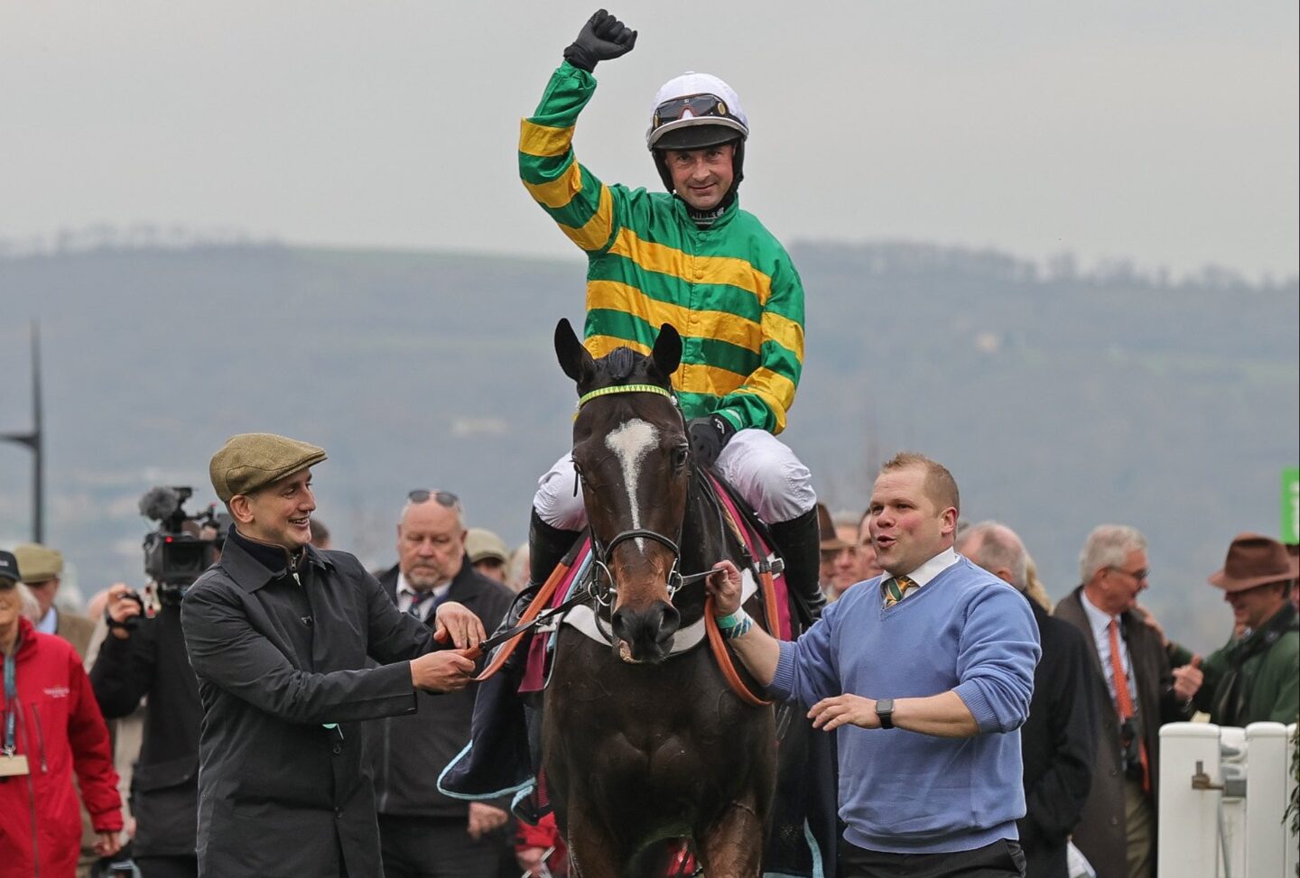 L’Eau Du Sud surges clear to win the Shloer Chase at Cheltenham Racecourse.