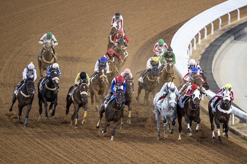 Horses racing under lights at King Abdulaziz Racecourse ahead of the UAE President Cup 2025 in Riyadh