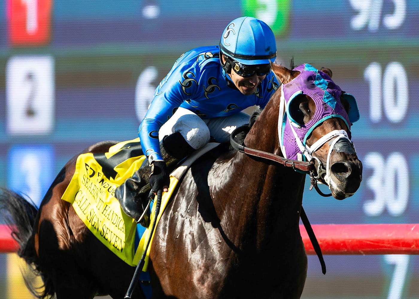 Call Sign Seven winning the Seabiscuit Handicap with a late surge