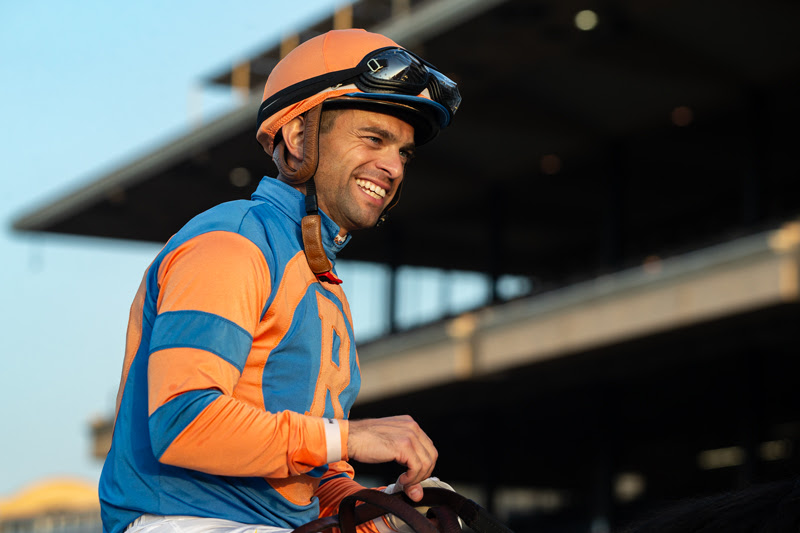 Umberto Rispoli celebrates winning the Del Mar riding title