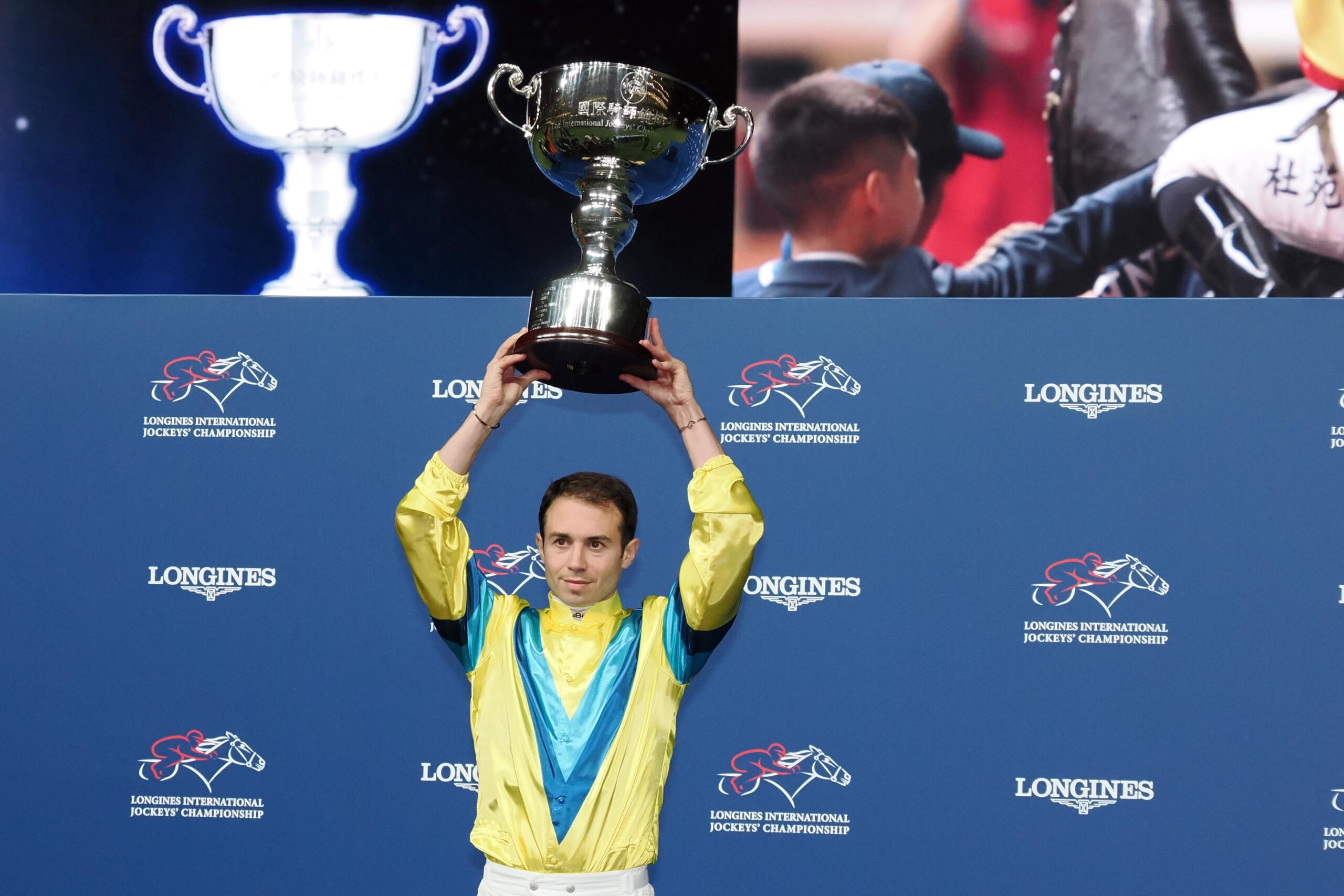 Mickael Barzalona celebrates LONGINES International Jockeys Championship