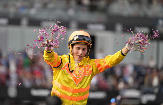 Outstanding Apprentice Jockey: Pietro Moran celebrating at the Eclipse Awards