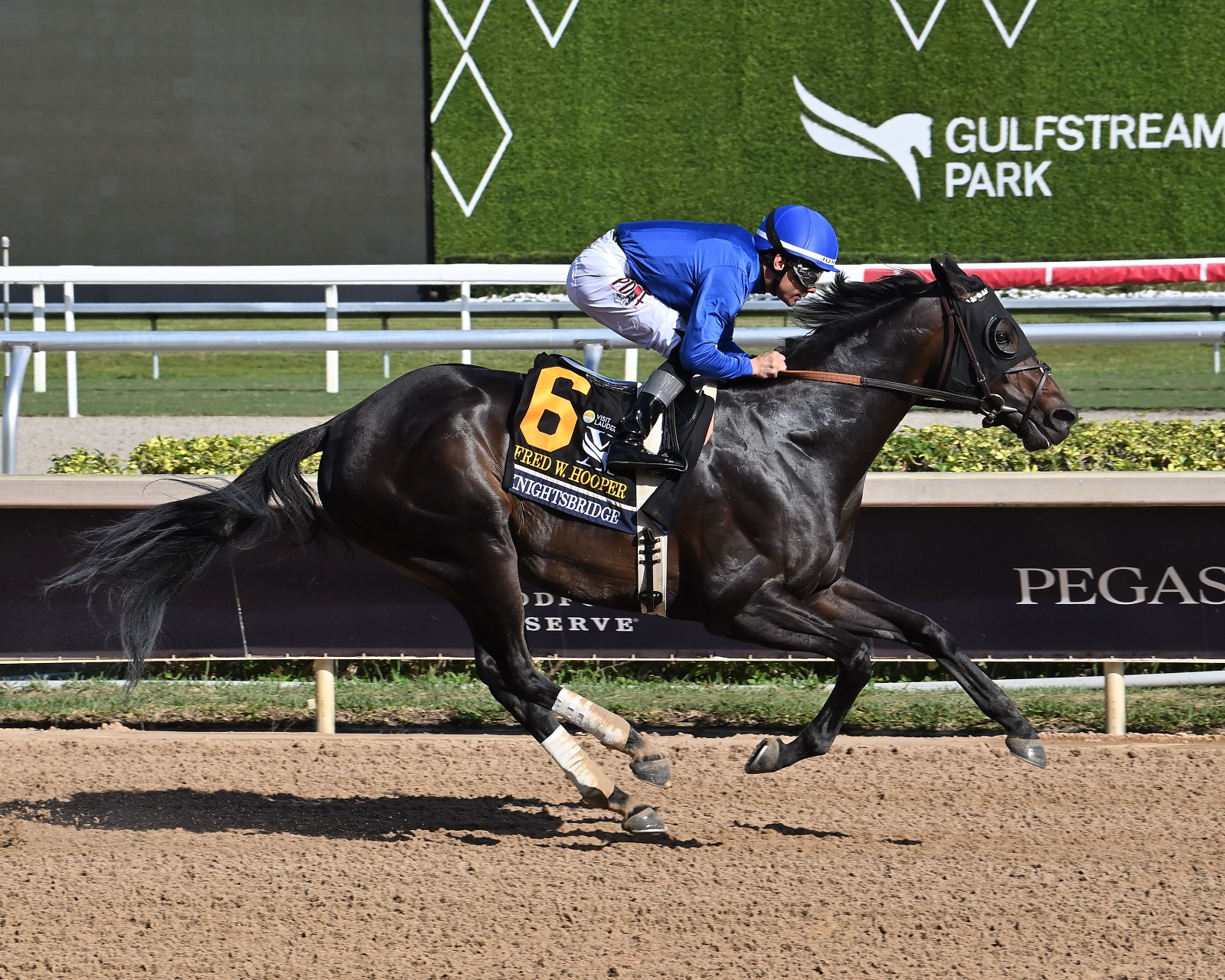 Knightsbridge pulling clear to win the Fred W. Hooper Stakes at Gulfstream Park