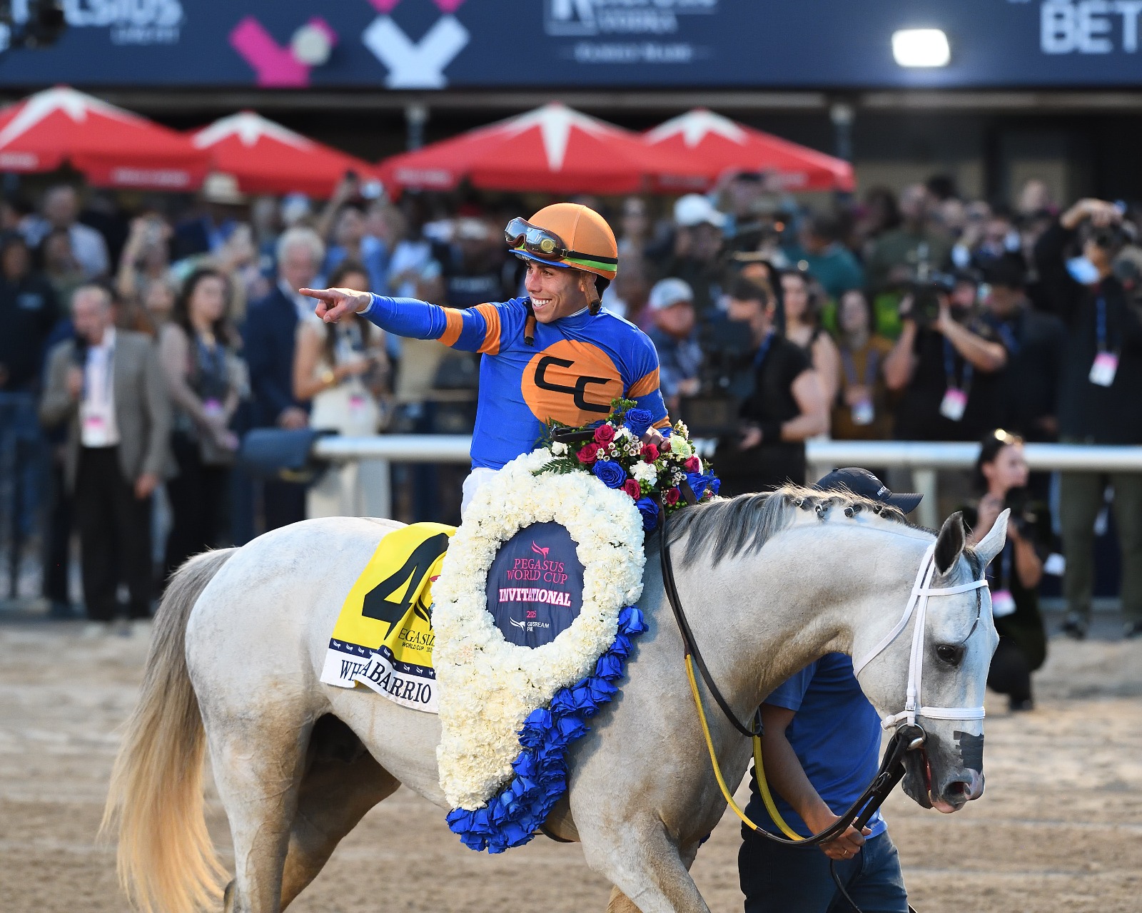 White Abarrio training at Gulfstream Park Pegasus World Cup
