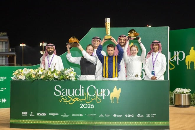 Mickael Barzalona celebrating King Abdulaziz race result 13 February victory