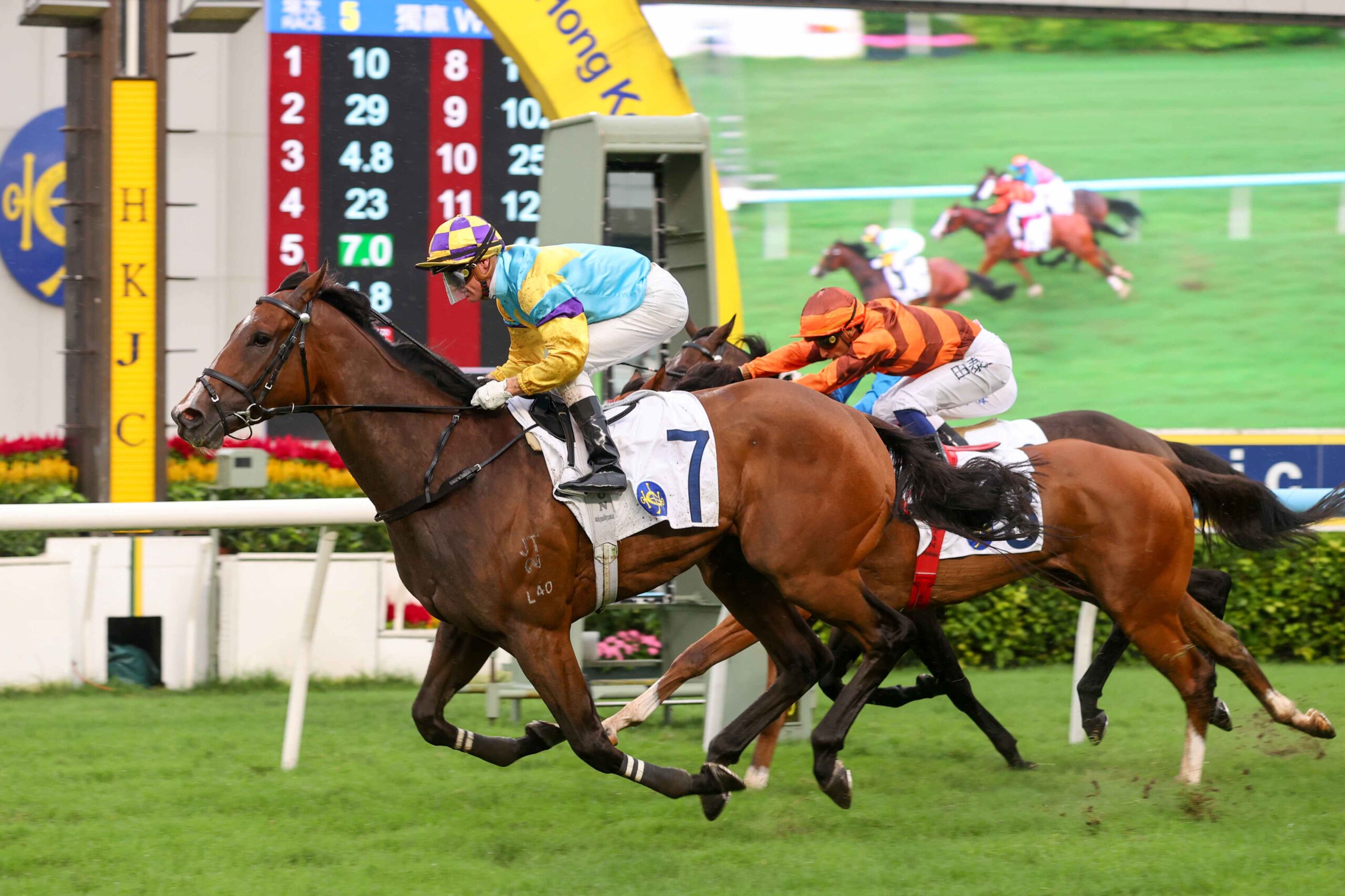 Francis Lui celebrating a treble at Sha Tin during the Hong Kong racing meeting