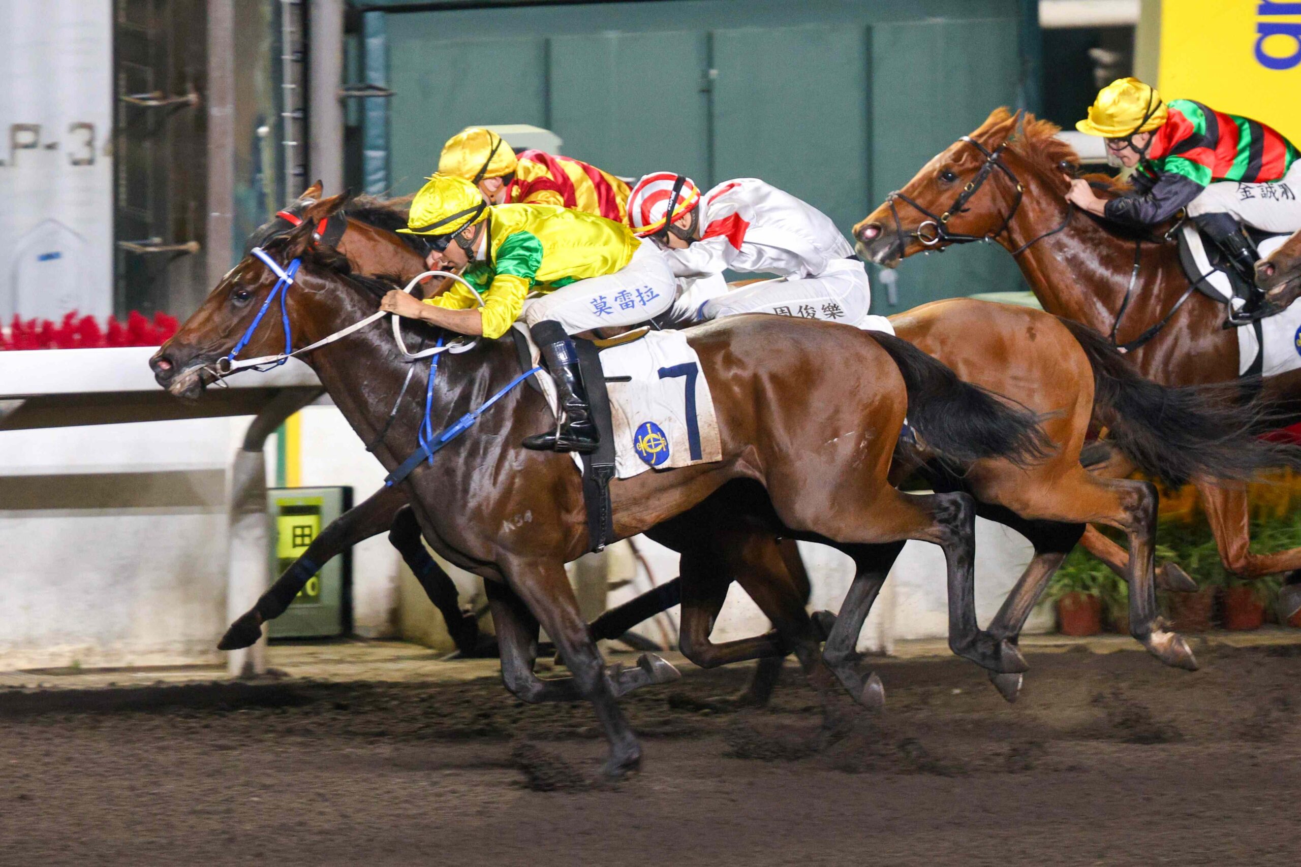 Zac Purton celebrates aboard Blazing Wind during the Sha Tin dirt meeting amid the Hong Kong trainers’ championship battle