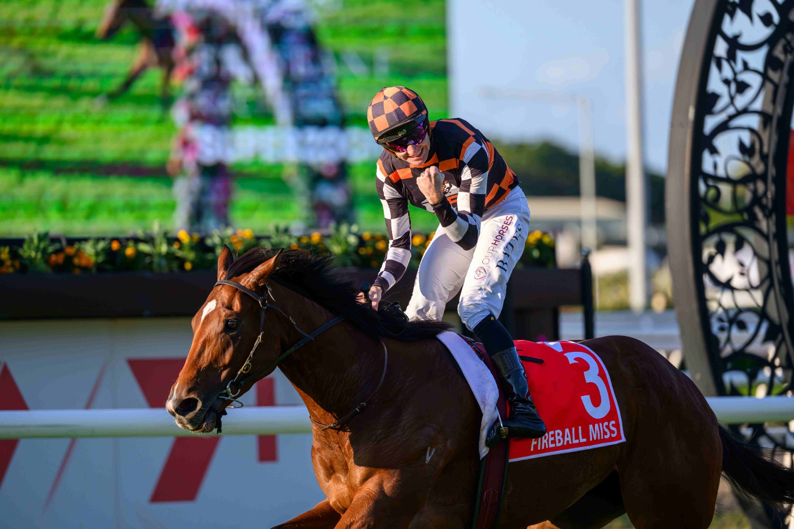 Fireball Miss powering home in G1 Queensland Oaks at Eagle Farm