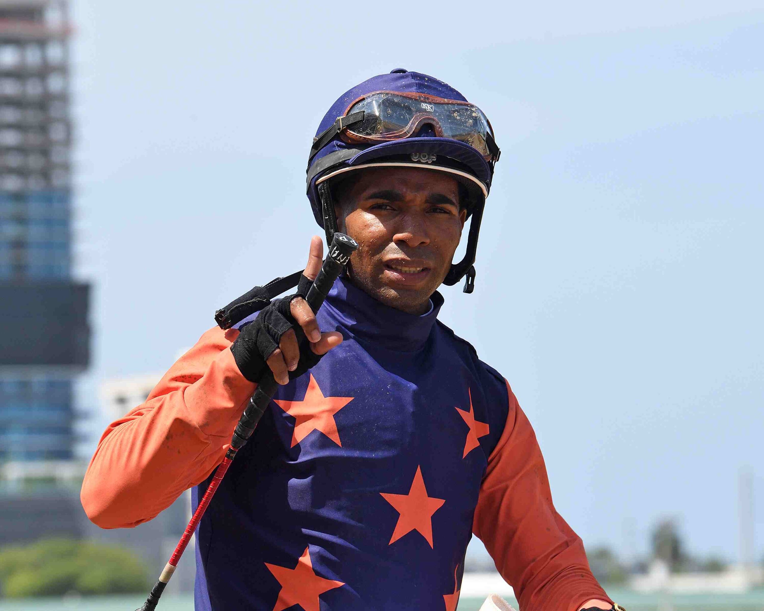 Pedro Pena celebrates another winner during the Gulfstream Park Royal Palm Meet