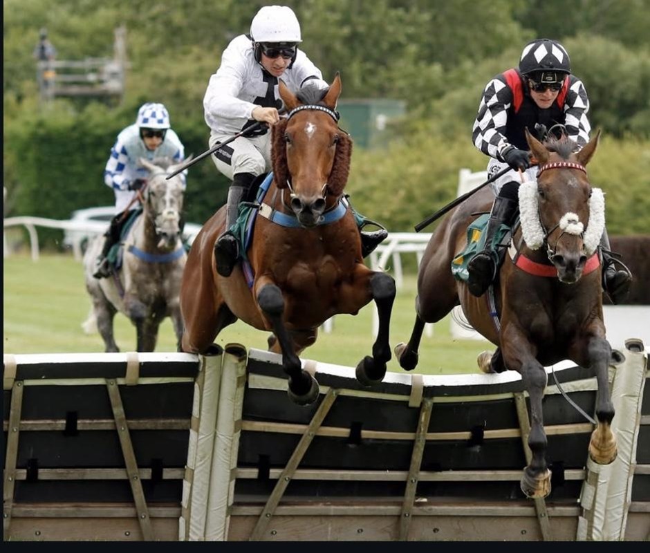 Winning horse crosses the finish line during Market Rasen jump racing on 18 July 2026
