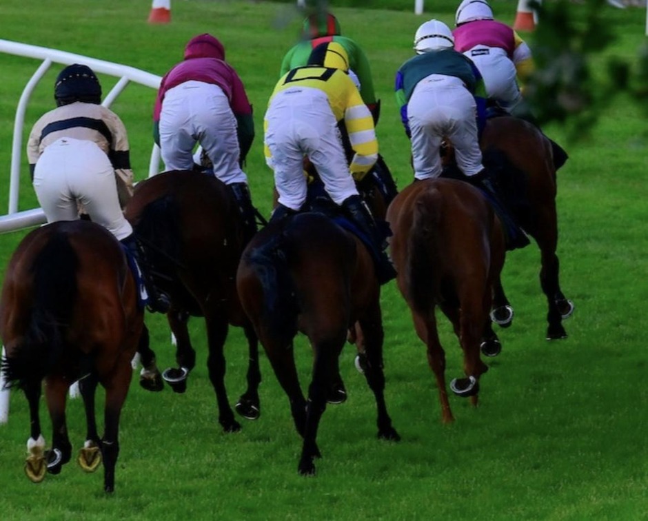 Winning horse crosses the finish line during Newton Abbot Racecourse racing on 13 July 2026