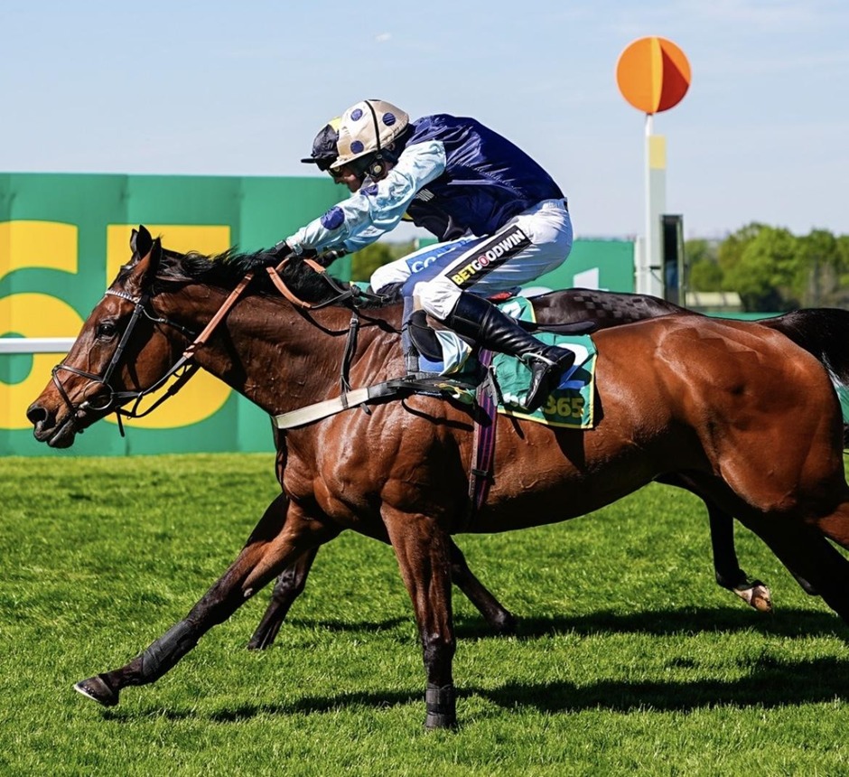 Winning horse crosses the finish line during Sandown Park racing on 24 July 2026