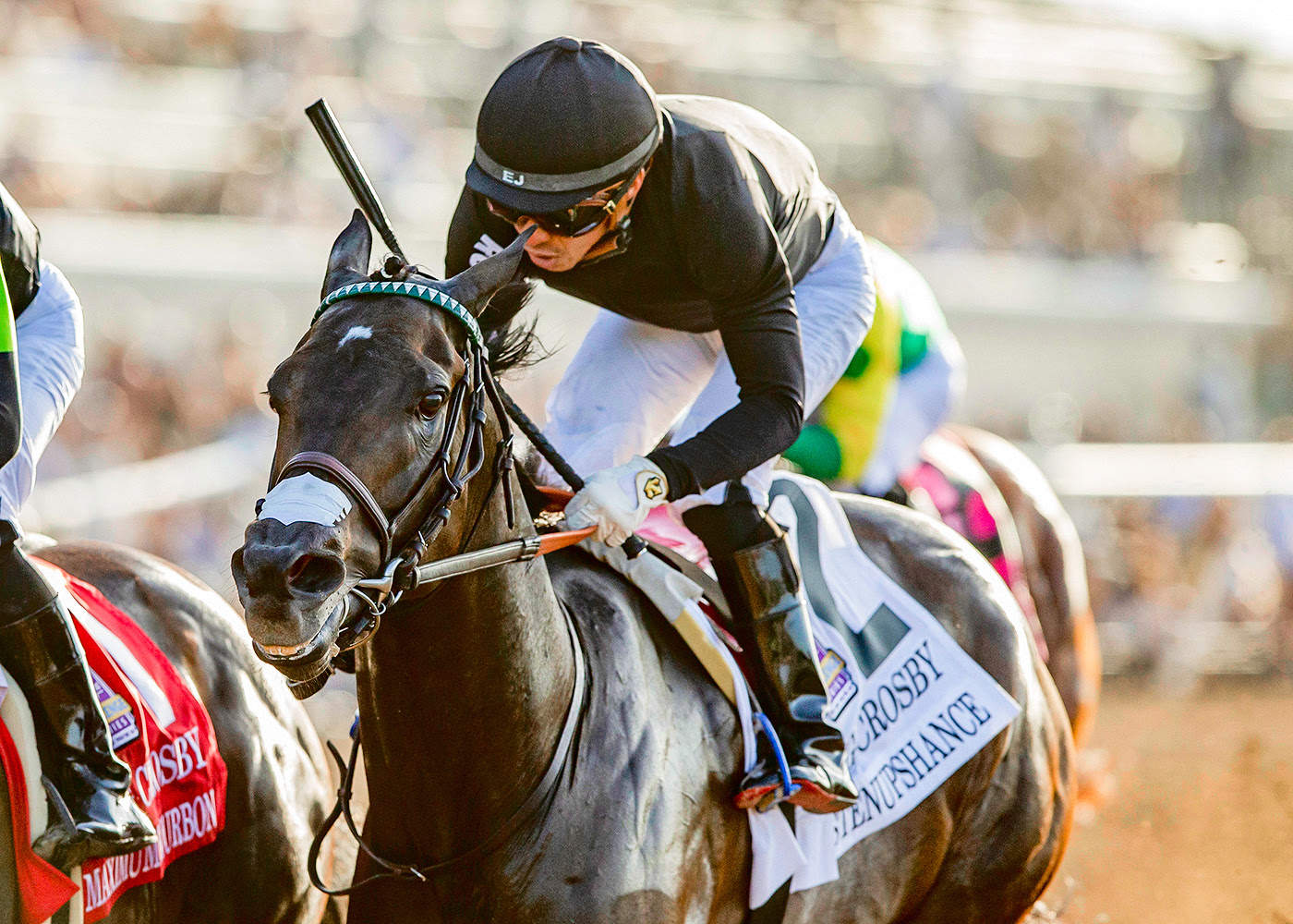 Listenupshance winning the 2026 Del Mar Bing Crosby Stakes under Emisael Jaramillo.