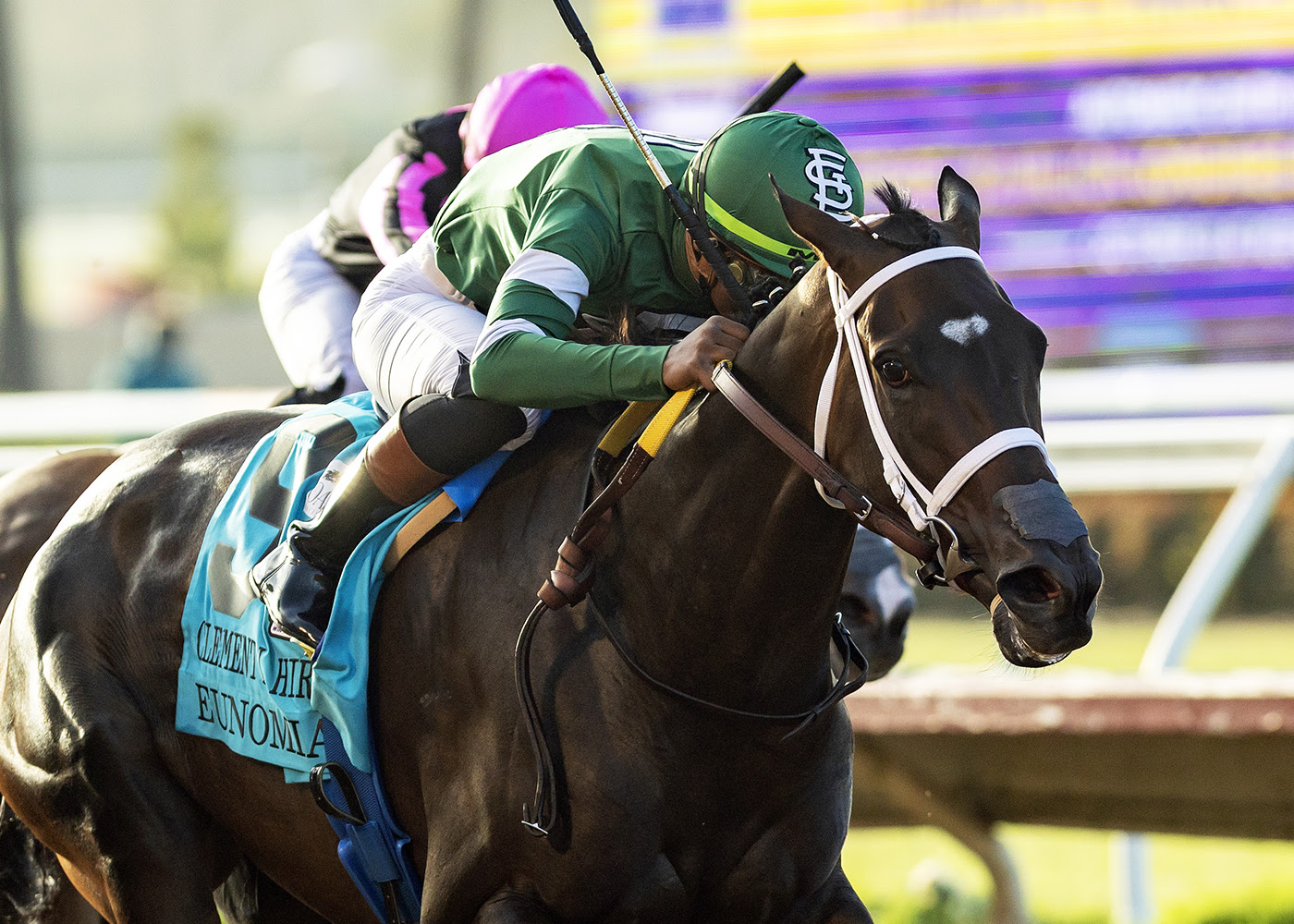 Eunomia winning the Grade 1 Clement L. Hirsch Stakes at Del Mar to qualify for the Breeders' Cup Distaff